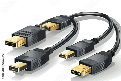 Computer network cable, usb flash drive, electric plug and cable, displayPort cables vector art illustration isolated on white background.