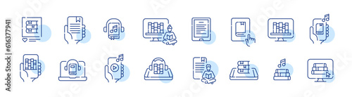 Set of electronic library related icons. Reading and listening to e-books from smartphone or laptop. Pixel perfect, editable stroke icons