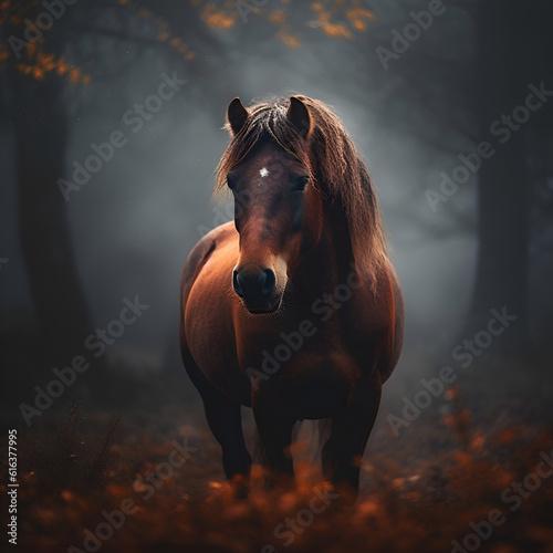 Horse in the autumn forest on a foggy misty day photo