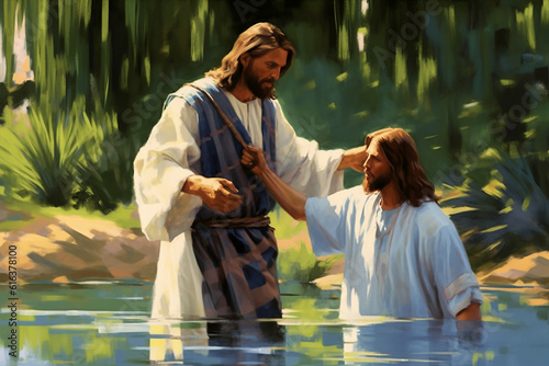 Foto John the Baptist standing in the Jordan River and baptising