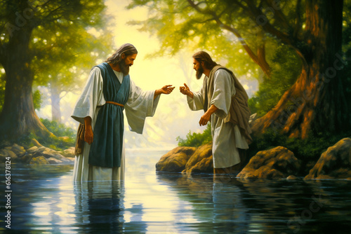 John the Baptist standing in the Jordan River and baptising. AI generativ. photo