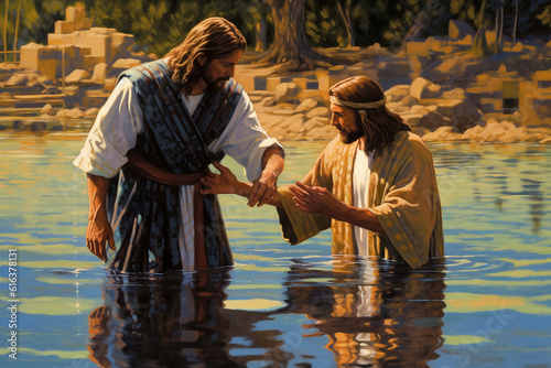 Fototapeta John the Baptist standing in the Jordan River and baptising