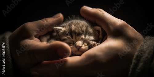 Enchanting close-up of man's hands cradling a tiny, sleeping kitten with soft, warm background and gentle digital glow from the fur, evoking serenity and intimacy. Generative AI