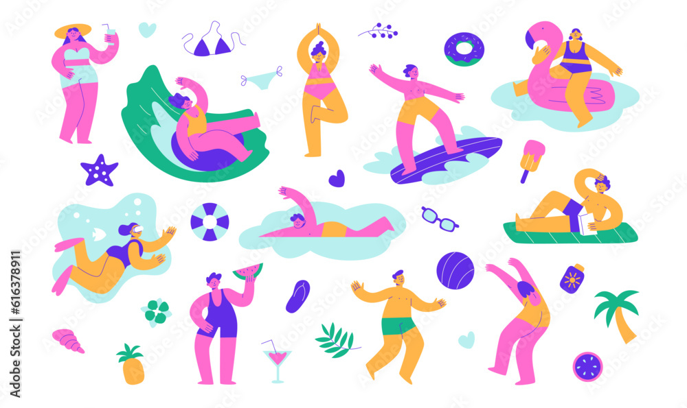 Funny people swim, sunbathe and have fun on vacation. A set of summer elements. Vector flat illustration