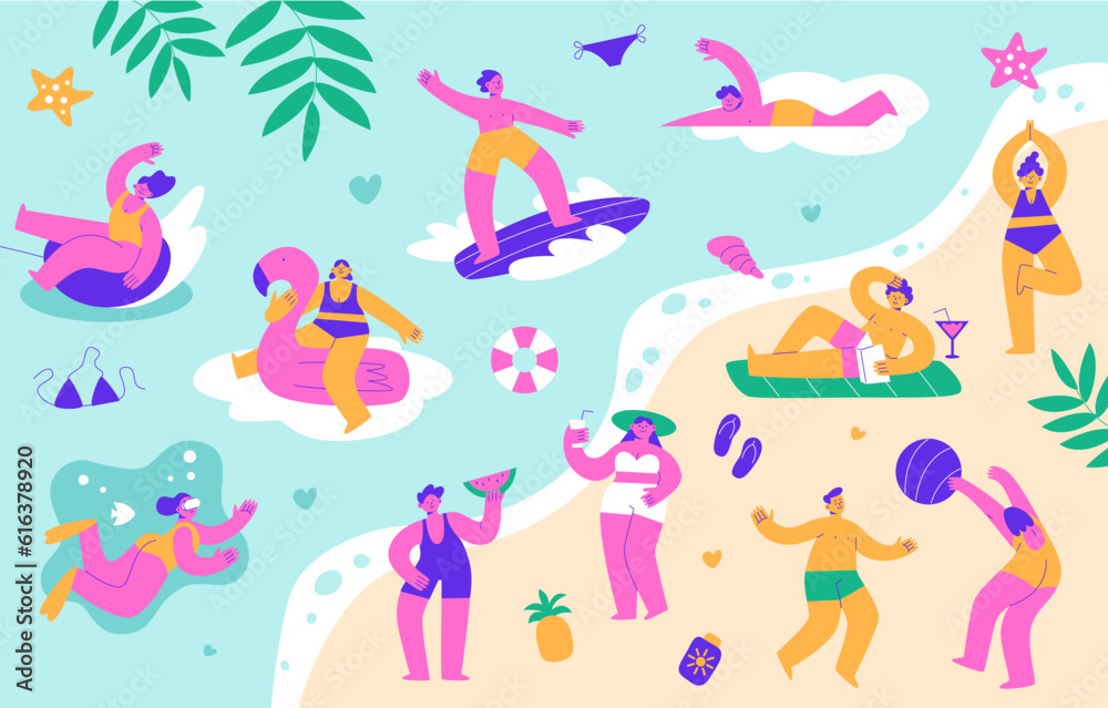 People relax on the beach in summer. Cheerful women and men swim, sunbathe and have fun on vacation. Vector flat illustration