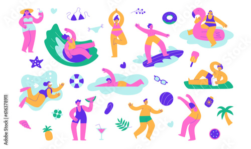 Funny people swim  sunbathe and have fun on vacation. A set of summer elements. Vector flat illustration