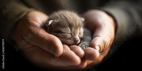 Enchanting close-up of man's hands cradling tiny sleeping kitten, curled in palm with soft, warm background and gentle digital light adding serenity. Generative AI