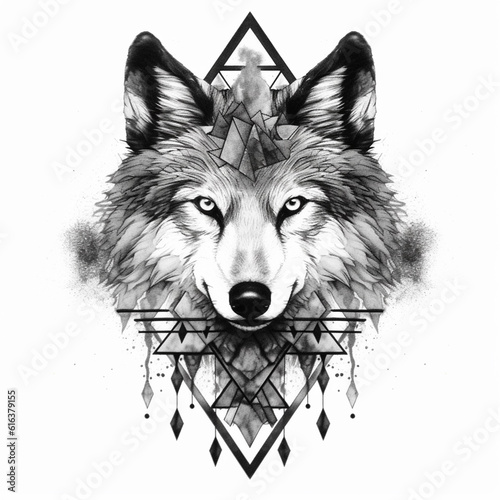 black and white wolf on the background of a boho style triangle motif, a symbol of indigenous indians from north america, generative AI