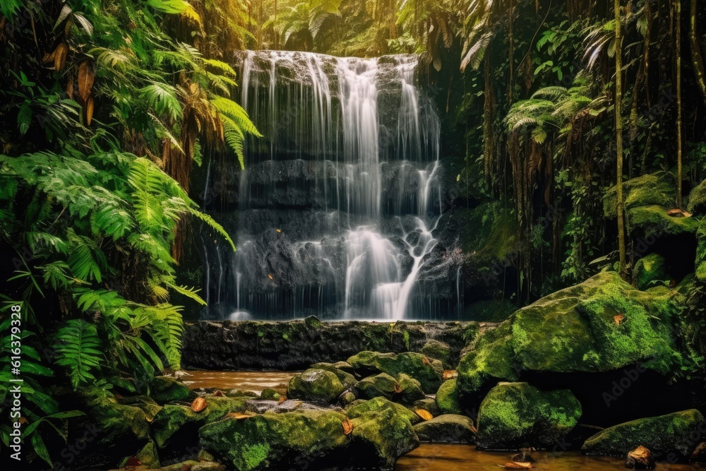 Obraz premium Hidden Jungle Waterfall Concealed Cascading Stream