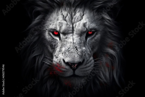 Black and White Lion with Red Eyes. AI