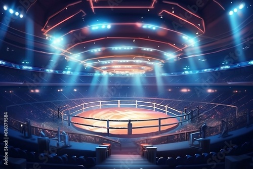 Boxing Fight Ring: Interior Upper View of Sports Arena with Fans and Shining Spotlights. AI