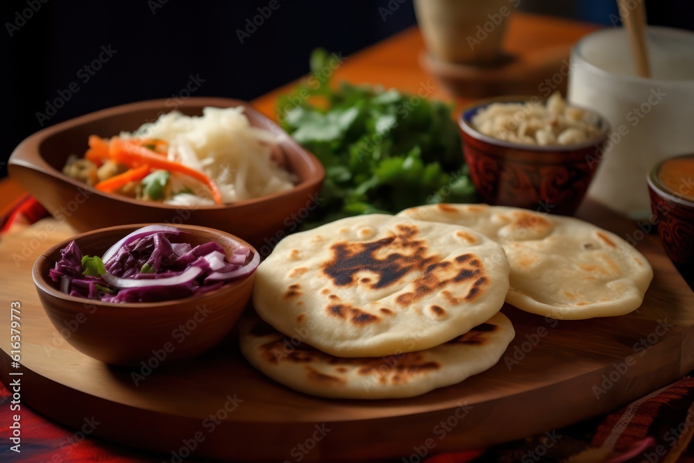 Homemade Salvadoran Corn Pupusas on the table with vegetables and herbs. Generative AI Homemade Salvadoran Corn Pupusas on the table with vegetables and herbs. Generative AI