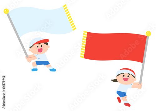 運動会　応援旗を振る子どもたち
