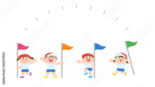 運動会　旗を持つ子どもたち
