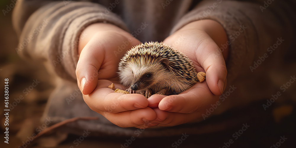 Enchanting close-up of man's hands cradling a charming little hedgehog, with soft digital light radiating from its quills, nestled in natural earthy background. Generative AI