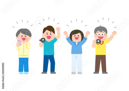 運動会　カメラを構えて子どもを応援する家族（父母・祖父母）
