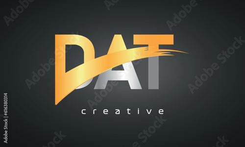 DAT Letters Logo Design with Creative Intersected and Cutted golden color