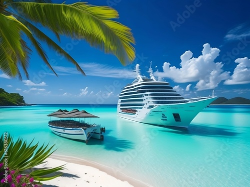 Tropical island with palm trees and longtail boat. 3d render