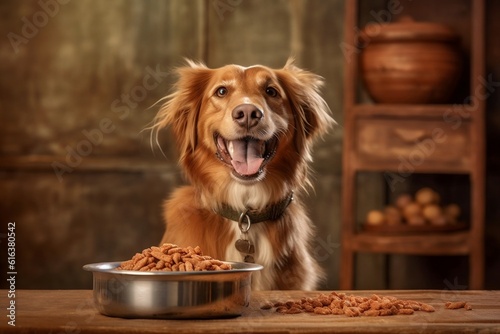 Happy Dog Enjoying a Hearty Meal: Smiling Canine by the Food Bowl. AI