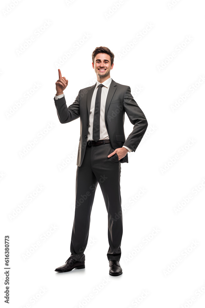 a person standing confidently with positive in a suit pointing , Portrait of successful business man who is smiling confidently against white background. young aged man
