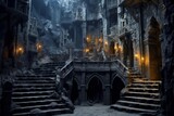 Medieval Castle Dungeon: Ominous Stone Walls and Stair Accessible. AI