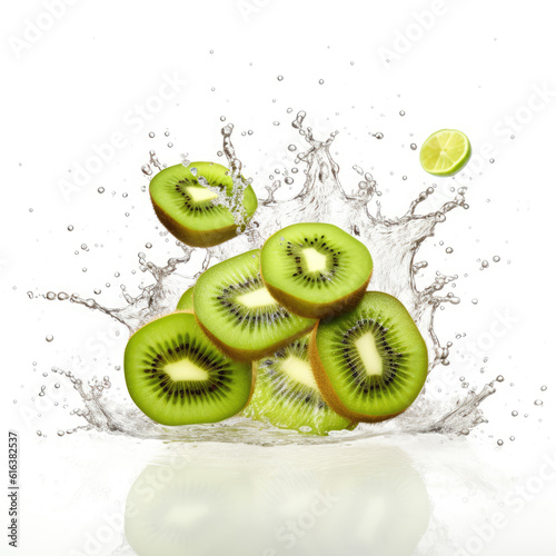 a full kiwi in the middle  bunch of kiwi slices stacked vertically generated ai