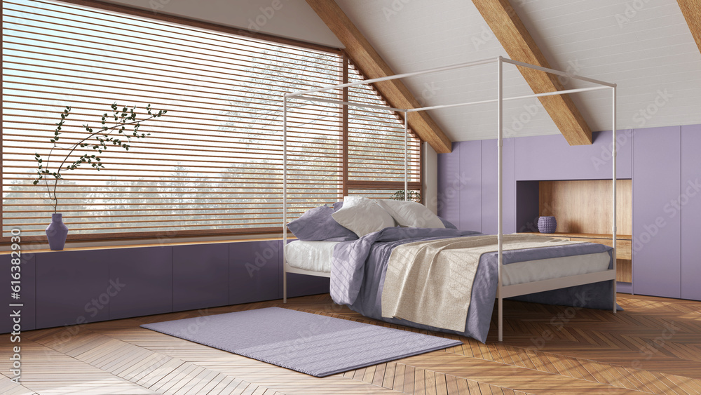 Attic interior design, minimal wooden bedroom with canopy bed and panoramic window in white and purple tones. Carpet and decors. Japandi scandinavian style Attic interior design, minimal wooden bedroom with canopy bed and panoramic window in white and purple tones. Carpet and decors. Japandi scandinavian style