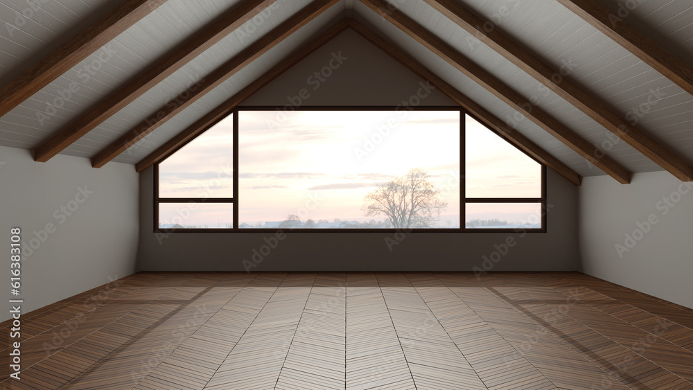 Obraz premium Dark late evening scene, empty room interior design, open space with parquet floor, wooden sloping ceiling and panoramic window, modern japandi architecture concept idea