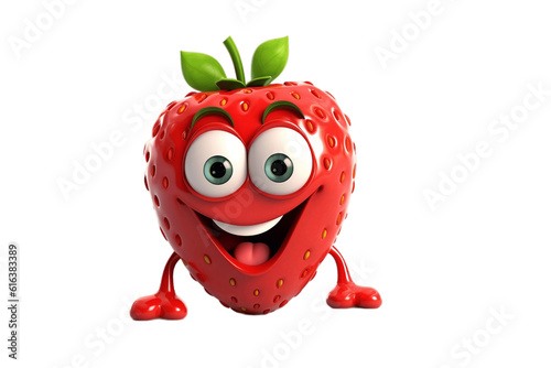 3D Cartoon Character: Happy Strawberry with Smiling Face on Transparent Background. AI