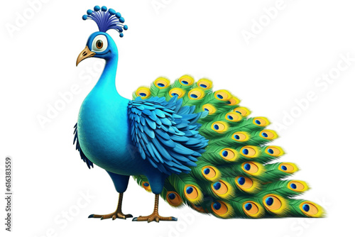 Regal Peacock Cartoon Character with Vibrant Feather Patterns on Transparent Background. AI
