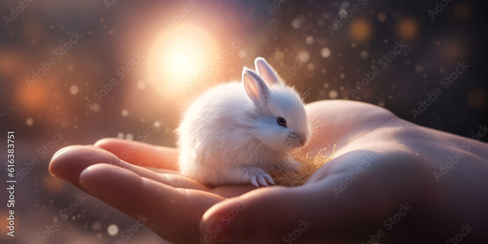 Enchanting close-up of man's hands cradling tiny, fluffy bunny with captivating holographic light swirling around, highlighting delicate features in a cozy natural setting. Generative AI - obrazy, fototapety, plakaty 