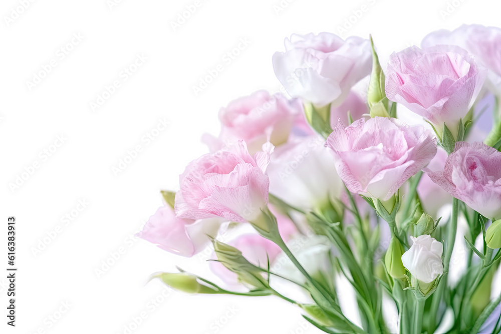 Obraz premium Close - up pink Eustoma or Lisianthus flowers on pink green blurred garden nature background. Lisianthus is a warm - zone perennial flower native to ditc, transparent background (PNG). Generative AI. 