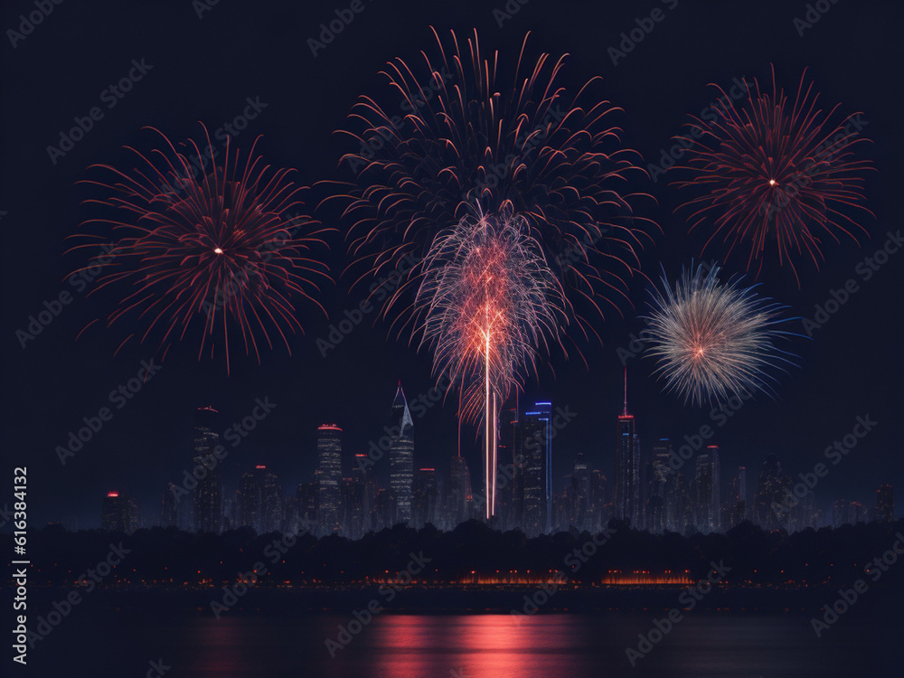 Colorful fireworks against the night sky with a cityscape, New York, USA.