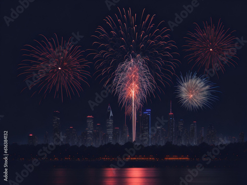 Colorful fireworks against the night sky with a cityscape  New York  USA.