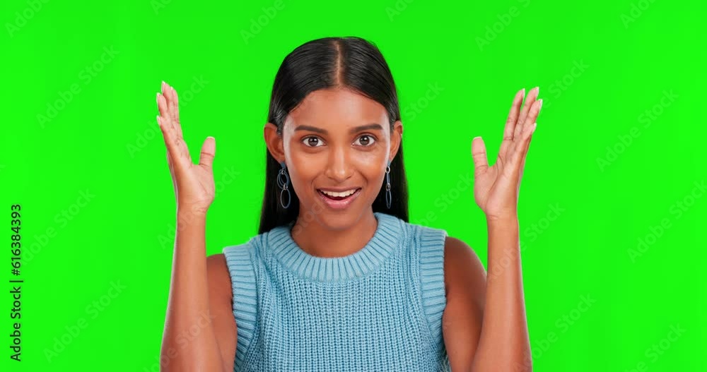 Face, green screen and woman with a surprise, mind blown and