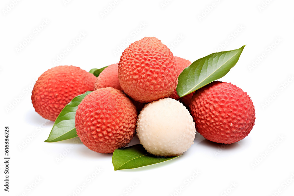 Lychee on a white background. Fresh red lychee fruit. Ai generative. Lychee on a white background. Fresh red lychee fruit. Ai generative.