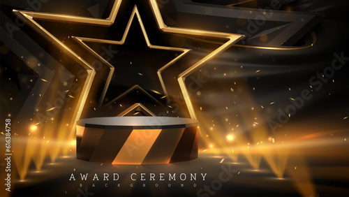 Elegant gold star frame with black podium and light motions rays effects with bokeh decoration on canvas background. Luxury award ceremony scene.