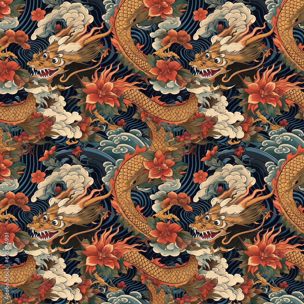 Obraz premium Traditional dragon japanese yakuza style seamless pattern