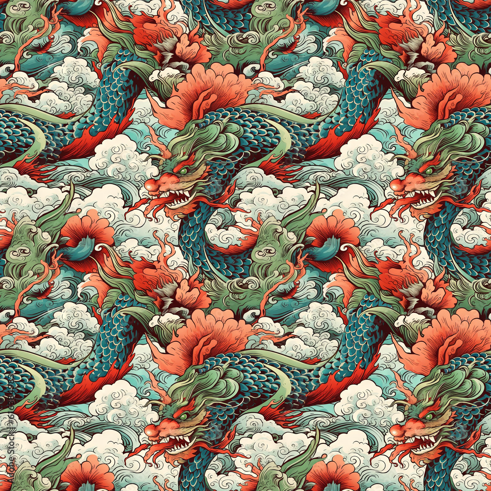 Obraz premium Traditional dragon japanese yakuza style seamless pattern