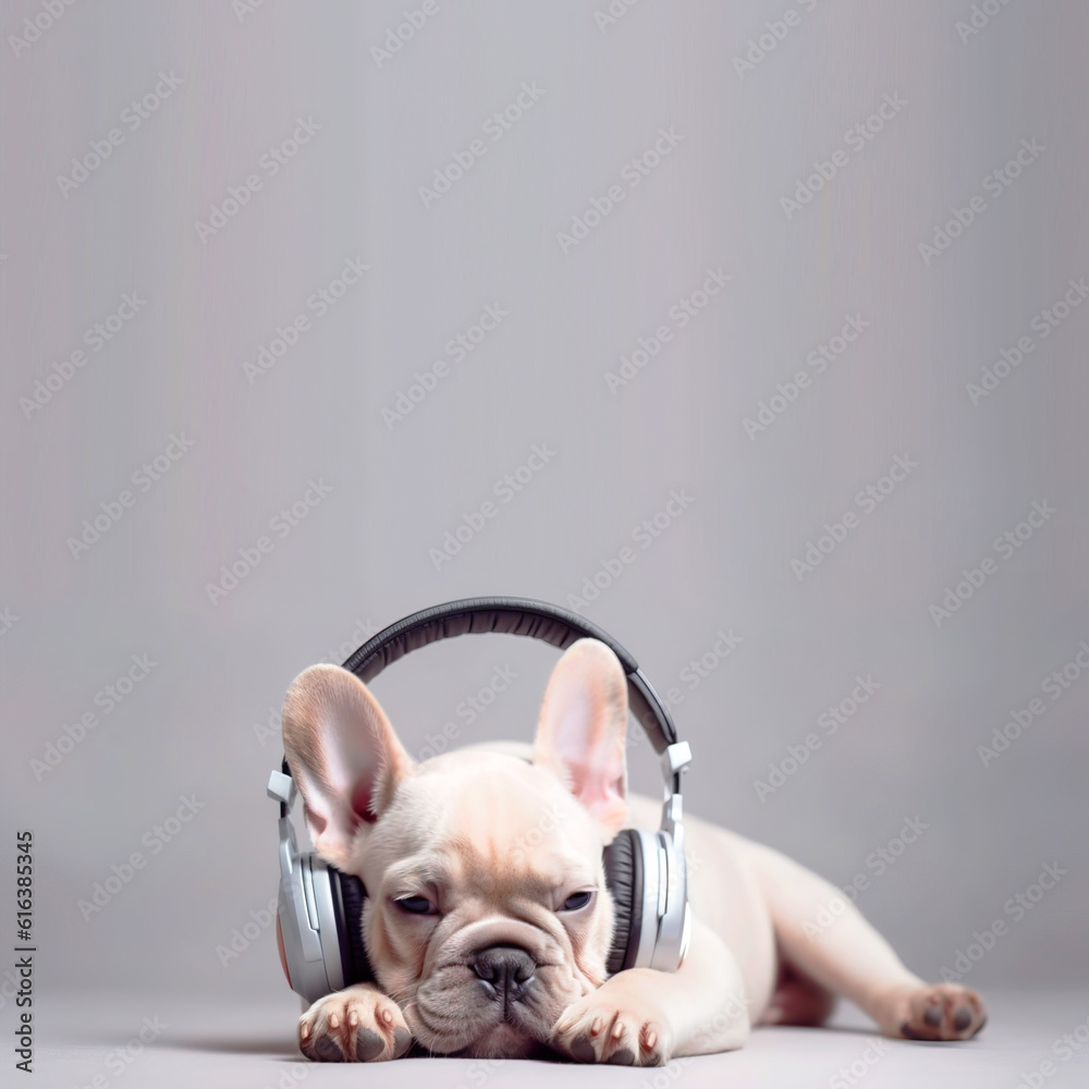 dog listening to music with headphones isolated on white backgro - obrazy, fototapety, plakaty 