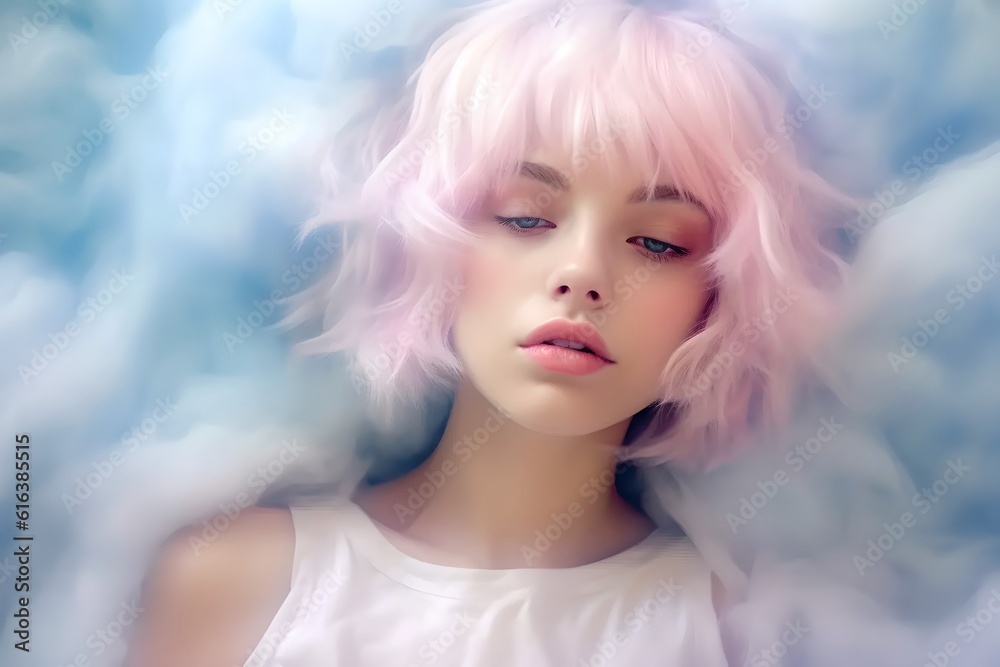 Beautiful girl with pink hair dreaming and closed her eyes in a blue cloud or fog. The concept of mental health and psyche and fashion and beauty is minimal. Generated AI.