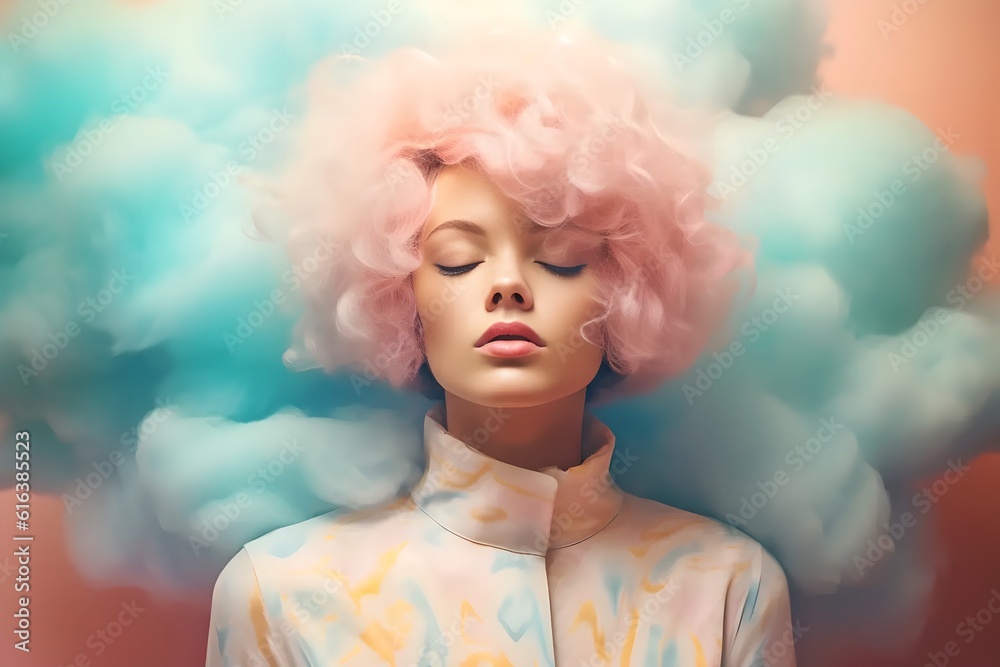 A girl with pink hair against a background of blue pastel smoke calmly dreams and dreams and takes care of her mental health. Generated AI