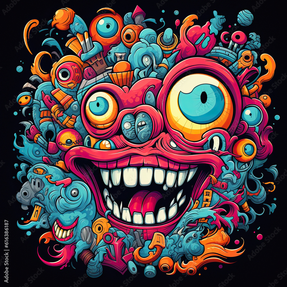 Smile Crazy Doodles, t-shirt design, ai generative
