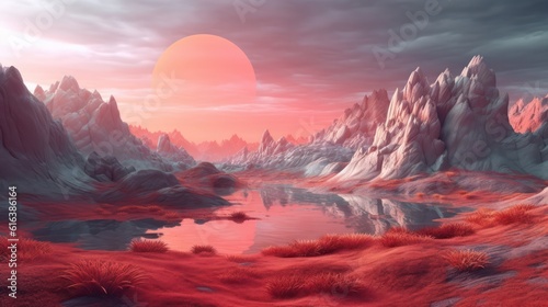 sunrise and desert with mountain range on the red planet. Generative AI. 