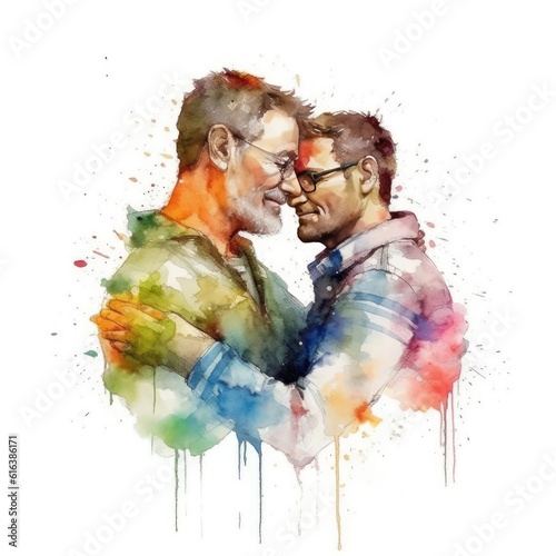 Watercolor painting of an LGBT couple aged fifty