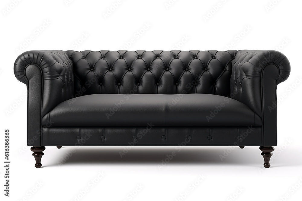 Fototapeta premium Modern black leather sofa furniture isolated on white background. Ai generative.