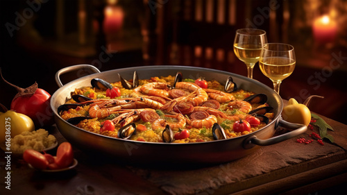 Large skillet with delicious paella on restaurant background, menu concept, healthy food