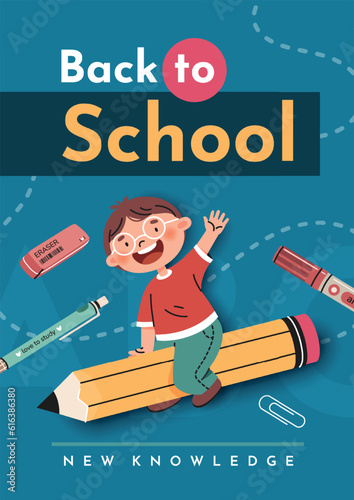 Back to School.School poster with a boy riding a pencil and stationery. Elements and objects on school themes, vertical flat background.
