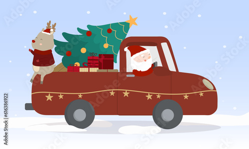 Merry Christmas Vector illustration Retro pickup truck Vintage style with Reindeer and christmas tree.