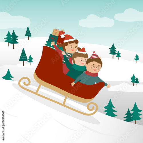 Family playing sleigh on christmas day. Sleigh slides down the hill and carries many gift boxes.